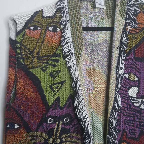 Vintage Nita Originals Cat Print Maxi Vest Sweater Bohemian Hippie Art LG- XLg - Picture 5 of 9